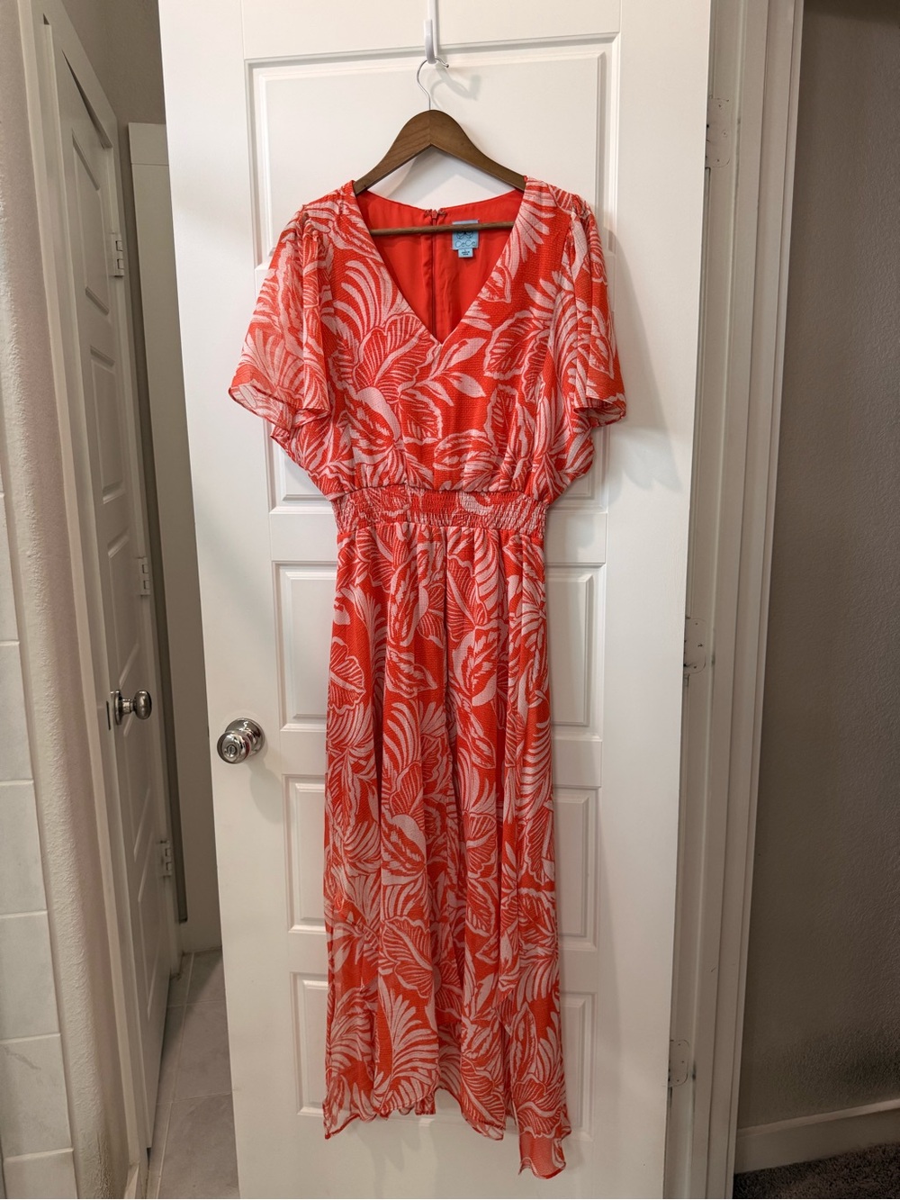 CeCe Coral and White Tropical Print V-Neck Maxi Dress
